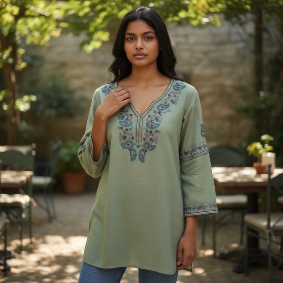 bohme Tops - Boho Embroidered Green/Periwinkle/Lilac/Mauve Women's Tunic V-Neck Size Large